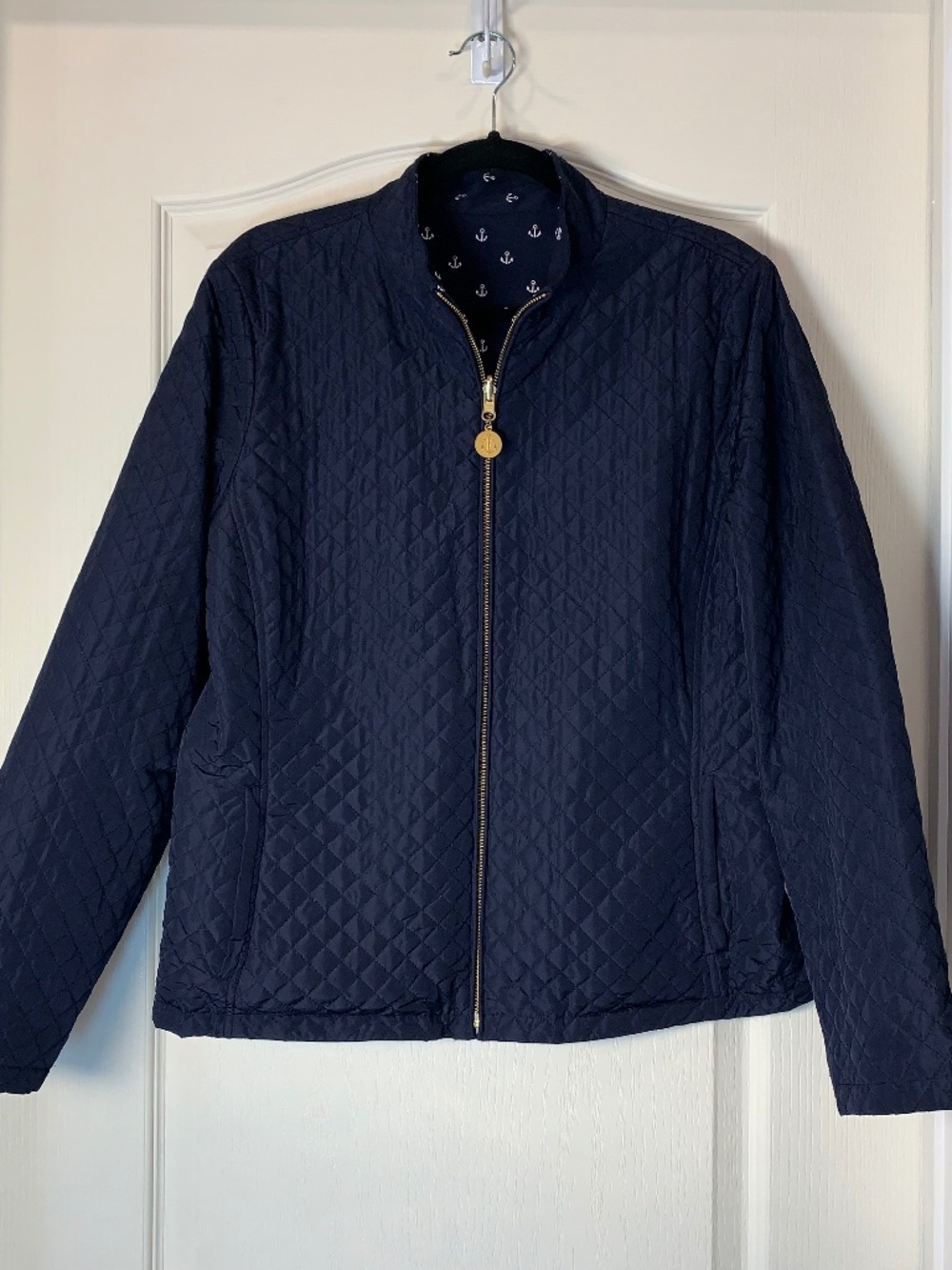 Nautical Chic Reversible Jacket Navy Anchor Print Gold Details Cruise Style‎ L